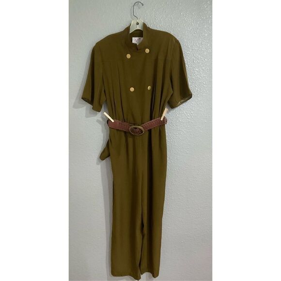 Vintage 70’s jumpsuit Army green gold buttons belt Sz 14 Imported fabric linen/ - Picture 5 of 8